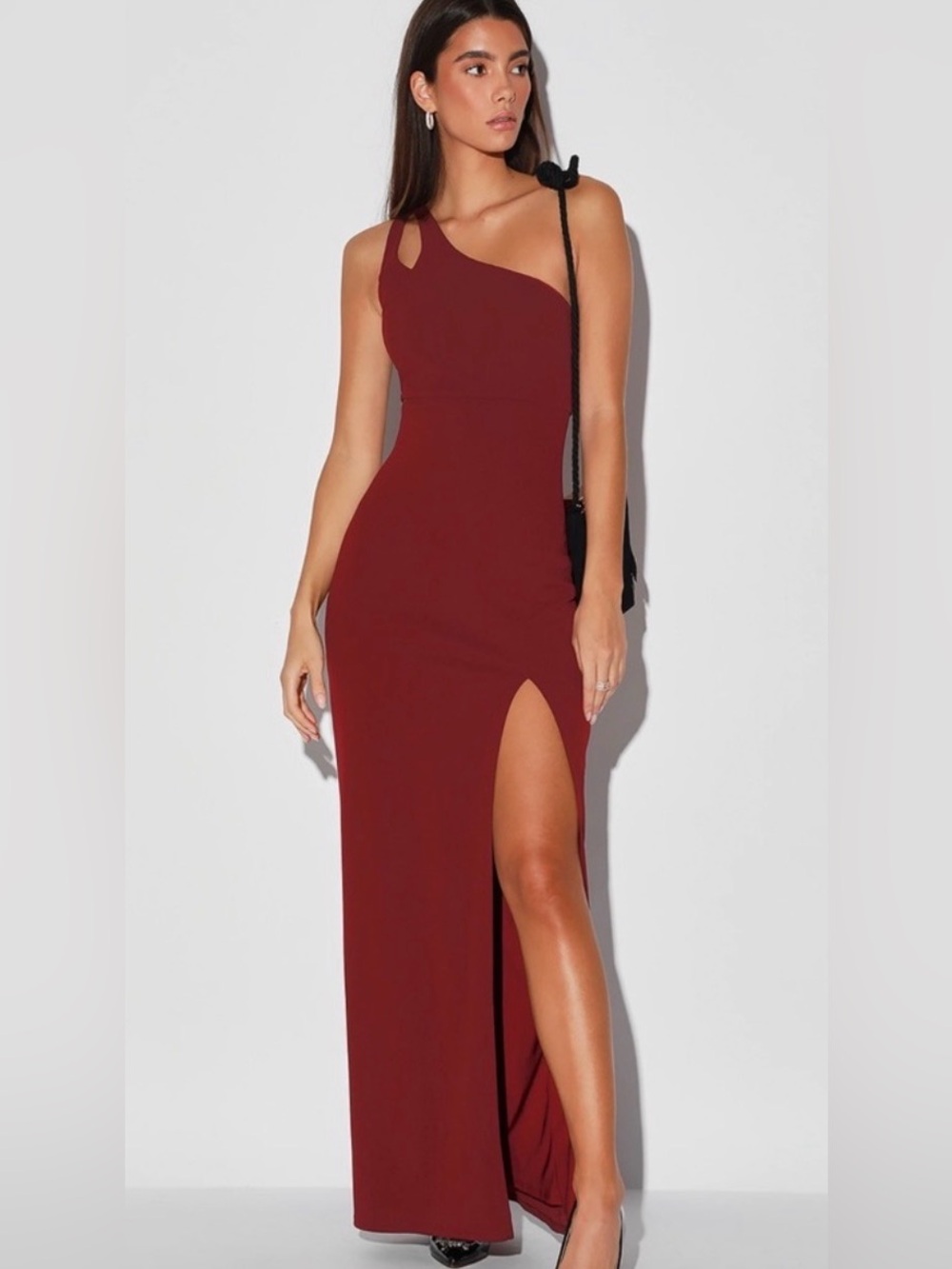 Lulus One-Shoulder Burgundy Maxi Dress with Leg Slit